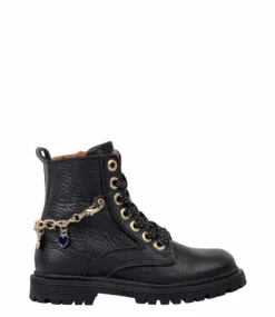 Girls Mid Boot Laces Chain Black Nappa