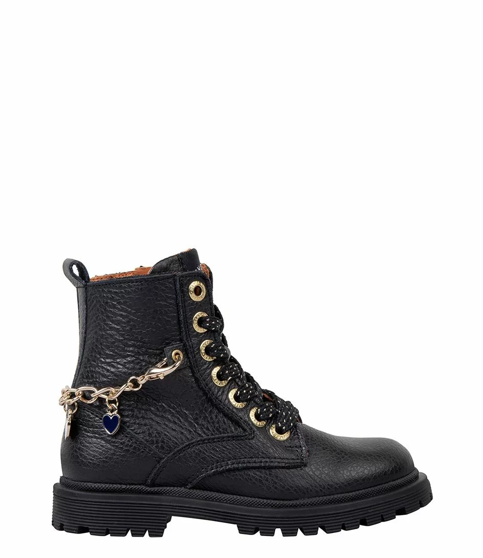 Girls Mid Boot Laces Chain Black Nappa